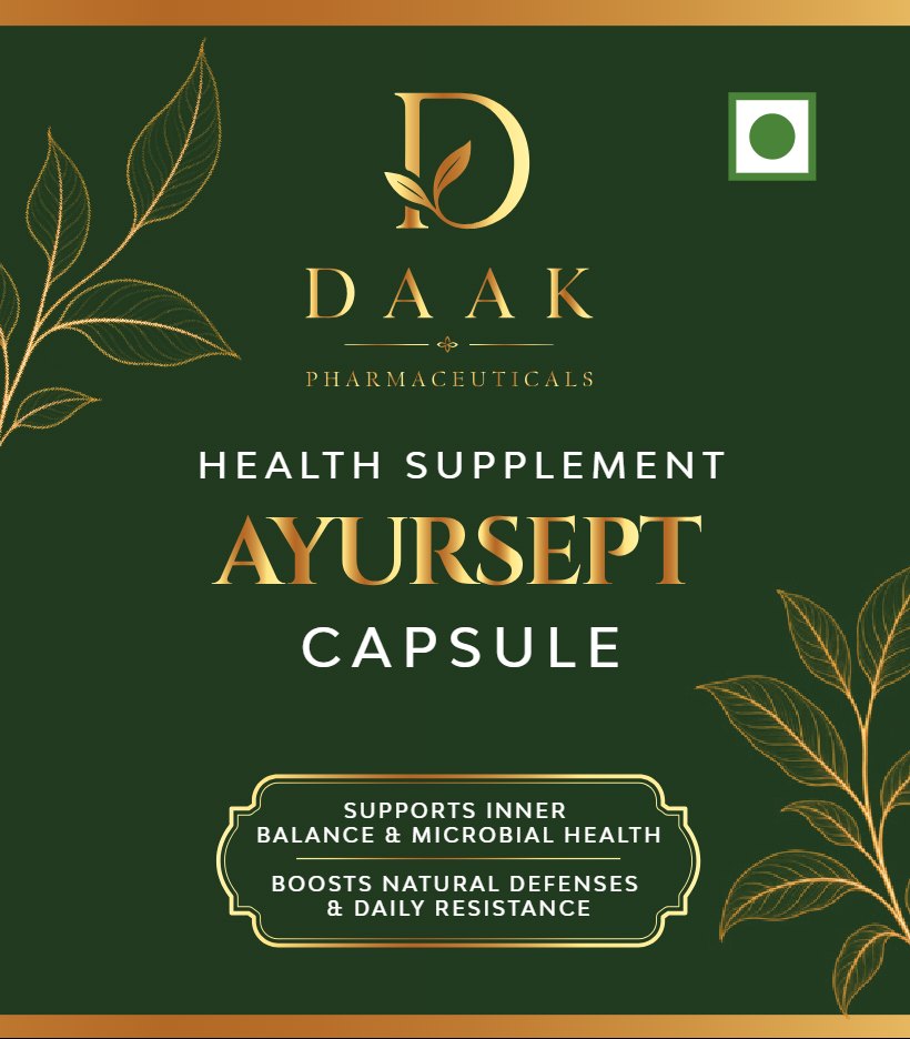 Ayursept Capsule front label: DAAK Pharmaceuticals health supplement in deep green and gold with botanical line art