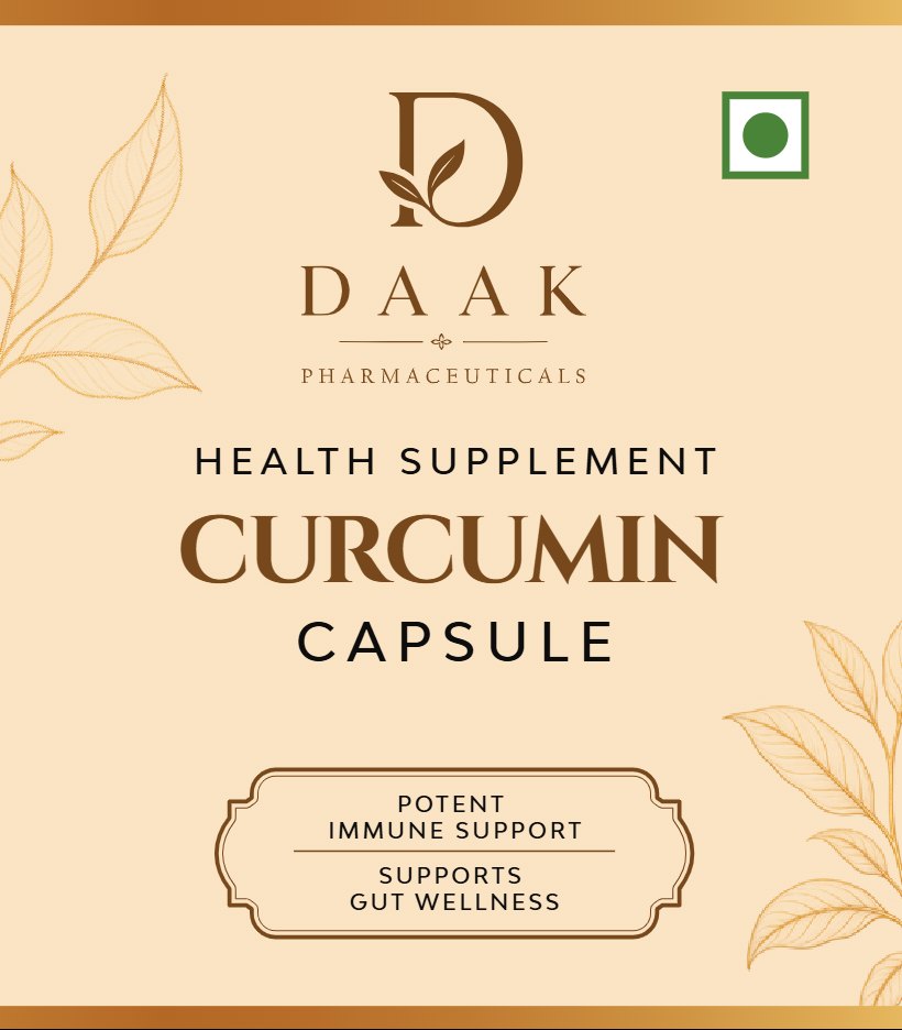 Curcumin Capsule front label: DAAK Pharmaceuticals health supplement in ivory and bronze with botanical line art