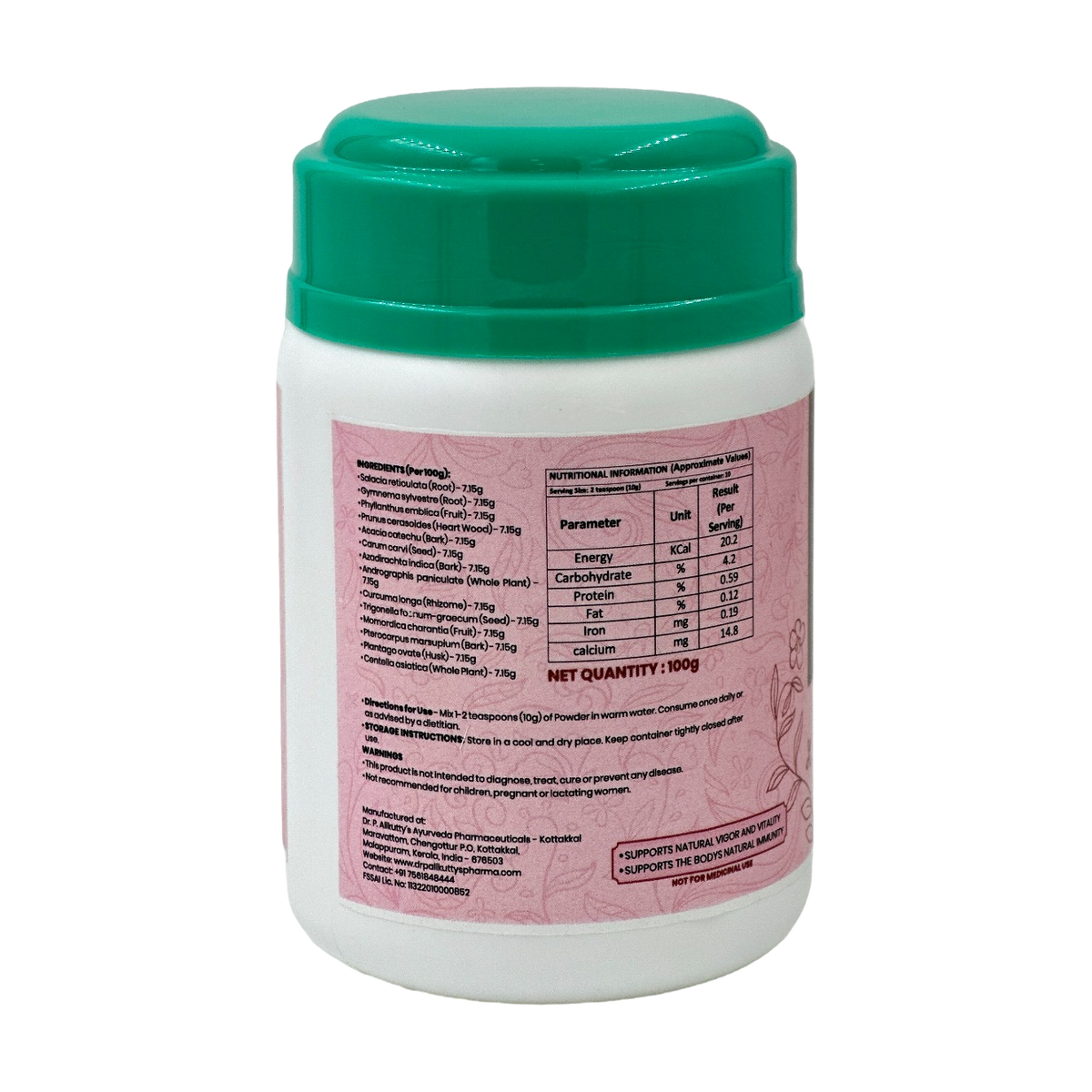 Slimnfit Powder pack photograph, ingredients and nutrition label (background removed)